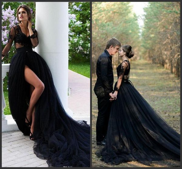2020 new a line black tulle long sleeve black gothic wedding dresses lace applique split front vestidos de novia wedding gown, White
2020 new a line black tulle long sleeve black gothic wedding dresses lace applique split front vestidos de novia wedding gown, White