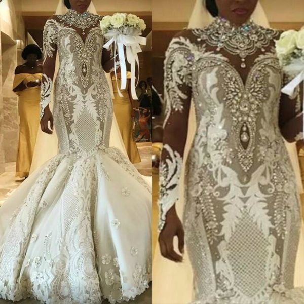 plus size african mermaid wedding dresses high collar lace appliqued crystal beads long sleeve modest wedding gowns custom made bridal wear, White
plus size african mermaid wedding dresses high collar lace appliqued crystal beads long sleeve modest wedding gowns custom made bridal wear, White