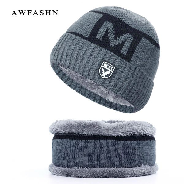 

new winter men's knit hat scarf 2 pieces set plus velvet thick beanies neck scarf male warm soft cap cotton skullies balaclava, Blue;gray