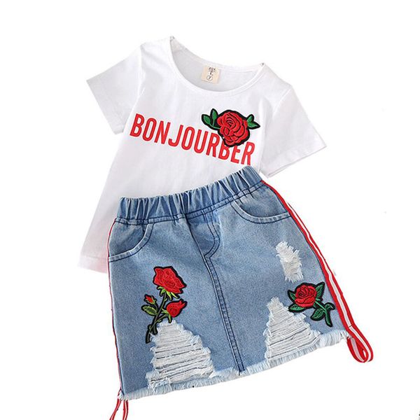 kids designer clothes girls outfits children rose embroidered hole denim skirts 2pcs/set 2019 summer boutique baby clothing sets b11, White
kids designer clothes girls outfits children rose embroidered hole denim skirts 2pcs/set 2019 summer boutique baby clothing sets b11, White