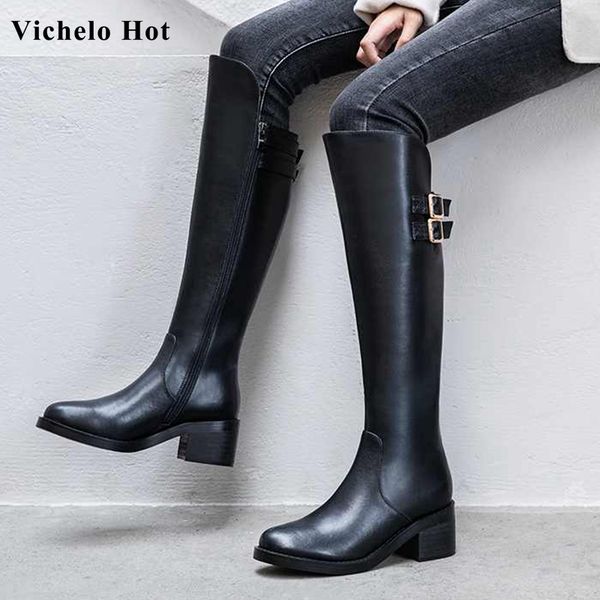 vichelo design genuine leather belt buckle straps solid round toe high heels zip winter women keep warm knee high boots l79, Black
vichelo design genuine leather belt buckle straps solid round toe high heels zip winter women keep warm knee high boots l79, Black