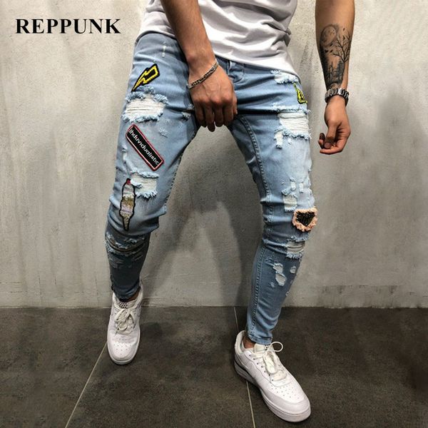 men fashion hiphop embroidery badge patch ripped slim fit jeans high street man holes damage casual denim pants trousers, Blue
men fashion hiphop embroidery badge patch ripped slim fit jeans high street man holes damage casual denim pants trousers, Blue
