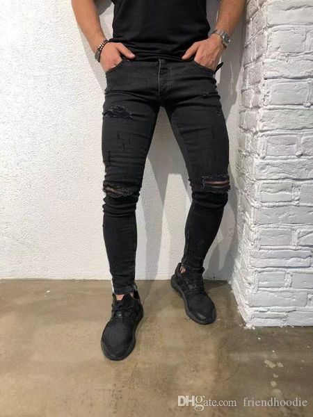 slim fit ripped jeans mens clothing fashion high street knee holes white striped designer black jeans, Blue
slim fit ripped jeans mens clothing fashion high street knee holes white striped designer black jeans, Blue