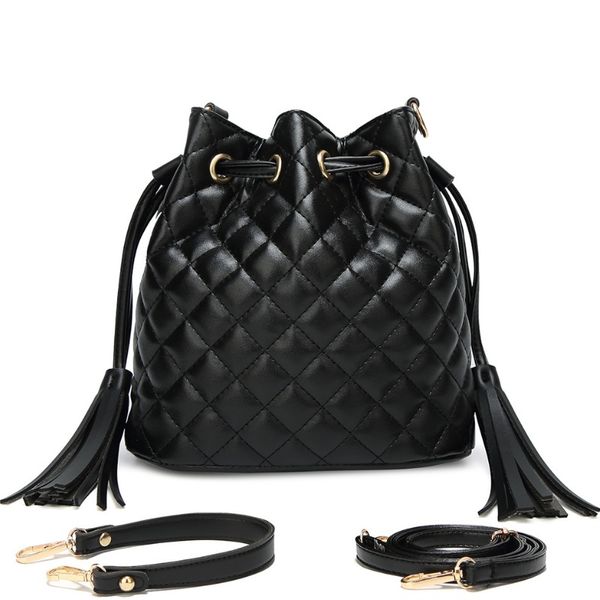 

Fashion Women PU Leather Bucket Bag Plaid Drawstring Handbag Female Tassel Small Shoulder Bags Ladies Crossbody Messenger Bag