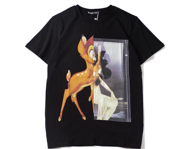summer united states popular logo style deer naked female splicing printing men and women lovers short-sleeved t-shirts foreign trade, White;black