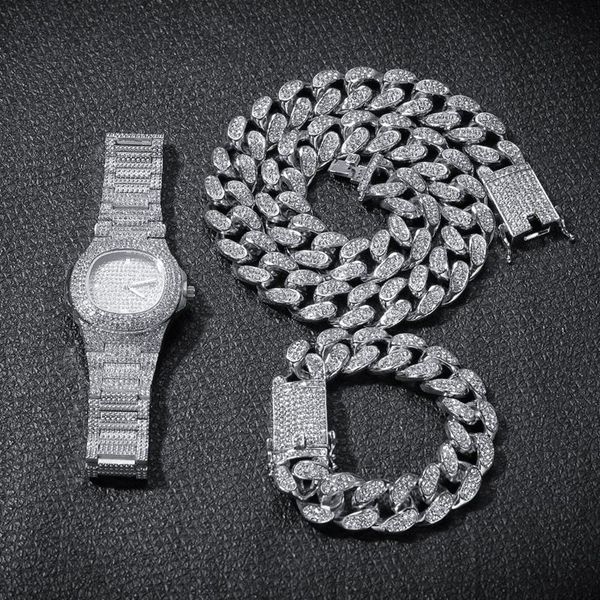 hip hop bling chains jewelry men necklace iced out diamond miami cuban chain rose gold silver watch & necklace & bracelet set
hip hop bling chains jewelry men necklace iced out diamond miami cuban chain rose gold silver watch & necklace & bracelet set