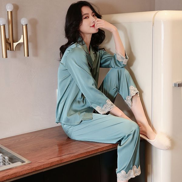 women's sleepwear 2 piece summer women faux silk satin spring autumn pajamas set long sleeve suit female pijamas, Black;red
women's sleepwear 2 piece summer women faux silk satin spring autumn pajamas set long sleeve suit female pijamas, Black;red