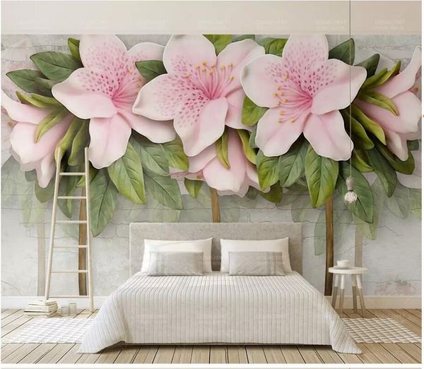 wdbh 3d p wallpaper custom mural embossed pink flowers leaves brick wa tv background wall home decor living room wallpaper for walls 3 d