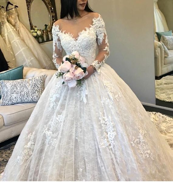 new 2019 luxurious ball gown wedding dresses sheer jewel neck cap long sleeves lace appliques court train plus size formal bridal gowns, White
new 2019 luxurious ball gown wedding dresses sheer jewel neck cap long sleeves lace appliques court train plus size formal bridal gowns, White