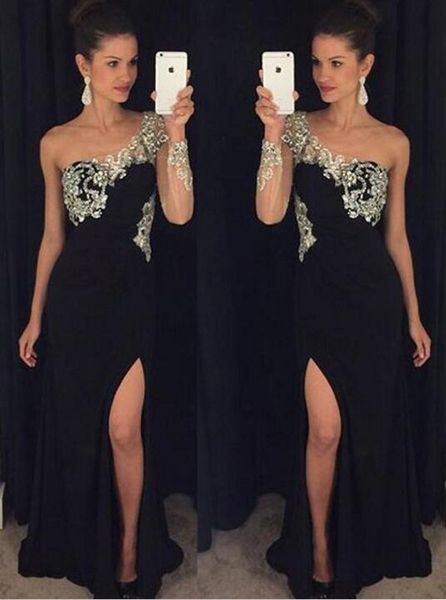 one shoulder fashion prom dresses lace appliques beads long sleeves cocktail party gowns side split floor length formal evening dresses, Black
one shoulder fashion prom dresses lace appliques beads long sleeves cocktail party gowns side split floor length formal evening dresses, Black