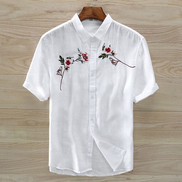 2020 summer new men's rose embroidery 100% linen shirt short sleeve casual linen white shirt thin, White;black
2020 summer new men's rose embroidery 100% linen shirt short sleeve casual linen white shirt thin, White;black