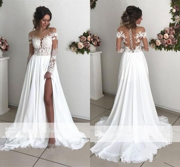 exquisite lace chiffon a line beach wedding dresses long sleevs sheer neck hollow back 2019 split bridal gowns, White
exquisite lace chiffon a line beach wedding dresses long sleevs sheer neck hollow back 2019 split bridal gowns, White