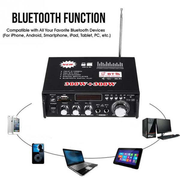 channel 600w audio power hifi 326bt 12v/220v av amp bluetooth speaker with remote control for car home car dvd
channel 600w audio power hifi 326bt 12v/220v av amp bluetooth speaker with remote control for car home car dvd