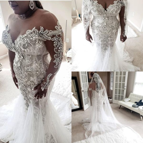 sparkly african lace appliqued mermaid wedding dresses luxury long sleeves crystal beaded plus szie dubai bridal gown, White
sparkly african lace appliqued mermaid wedding dresses luxury long sleeves crystal beaded plus szie dubai bridal gown, White