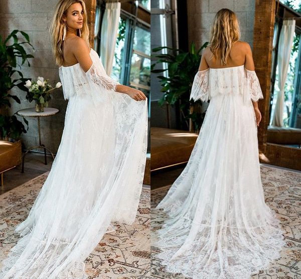 charming bohemian lace wedding dresses off the shoulder with sleeves court train summer stylish country wedding dress bridal gowns cheap, White
charming bohemian lace wedding dresses off the shoulder with sleeves court train summer stylish country wedding dress bridal gowns cheap, White
