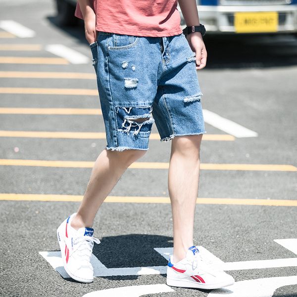 men's denim shorts 2019 summer thin new holes ripped straight loose short jeans moto biker hip hop men knee length shorts, Blue 
men's denim shorts 2019 summer thin new holes ripped straight loose short jeans moto biker hip hop men knee length shorts, Blue