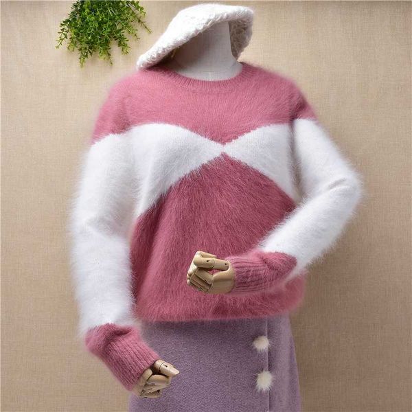 ladies women blouses sweet pink white short style mink cashmere loose basic pullover angora fur knitted jumper sweater, White;black