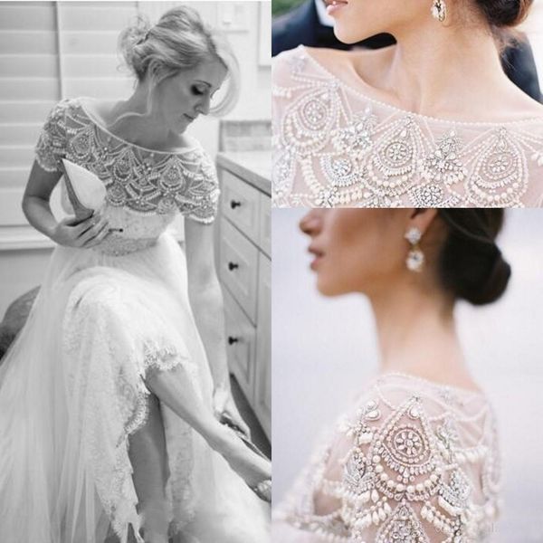 2018 New Stunning Bateau Neck Beading Crystal Lace Wedding Dresses Sheer Tulle Floor Length Country Style Bridal Gowns
2018 New Stunning Bateau Neck Beading Crystal Lace Wedding Dresses Sheer Tulle Floor Length Country Style Bridal Gowns