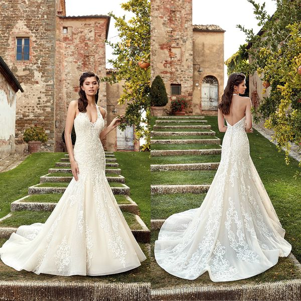 2019 gorgeous mermaid lace wedding dresses appliqued halter v neck backless trumpet bridal gowns beach sleeveless sweep train wedding dress, White
2019 gorgeous mermaid lace wedding dresses appliqued halter v neck backless trumpet bridal gowns beach sleeveless sweep train wedding dress, White