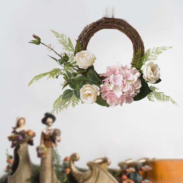 artificial rose flower wreath fake hydrangea floral rattan garland with green leaves for front door window wall hanging decor 
artificial rose flower wreath fake hydrangea floral rattan garland with green leaves for front door window wall hanging decor