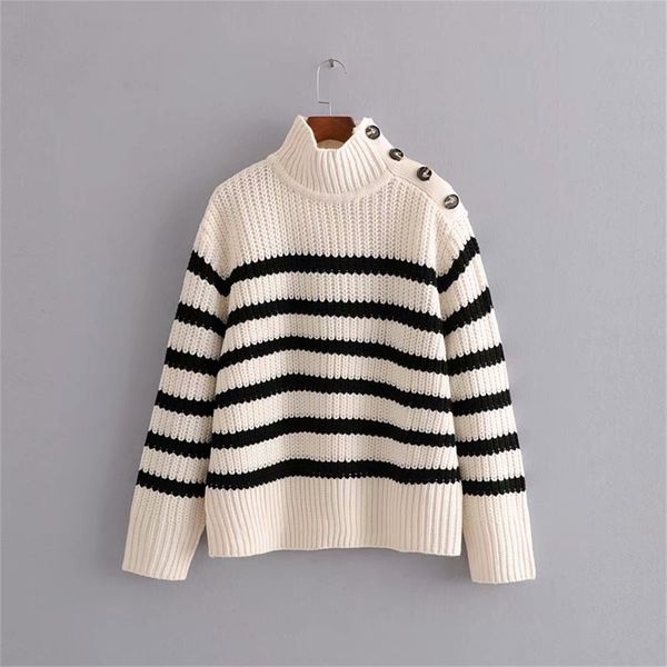women's new fall 2019 all-around button down reversible high collar striped knit loose slouchy casual long sleeve sweater, White;black
women's new fall 2019 all-around button down reversible high collar striped knit loose slouchy casual long sleeve sweater, White;black