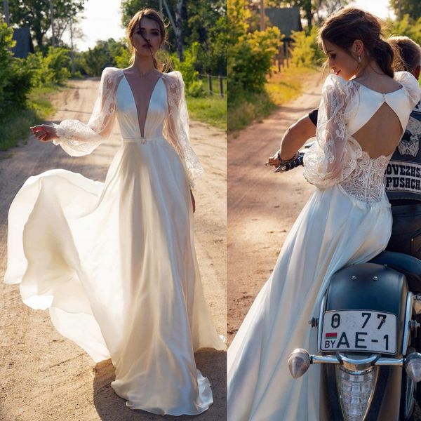 2020 v neck beach wedding dresses ivory satin sweep train with long sleeve a-line bridal gowns abiti da sposa, White
2020 v neck beach wedding dresses ivory satin sweep train with long sleeve a-line bridal gowns abiti da sposa, White