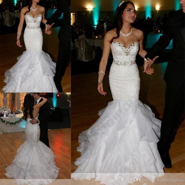 sweetheart mermaid wedding dresses 2020 lace appliques bead sequin tiered bottom bridal dress crystal sash custom made wedding gowns, White
sweetheart mermaid wedding dresses 2020 lace appliques bead sequin tiered bottom bridal dress crystal sash custom made wedding gowns, White