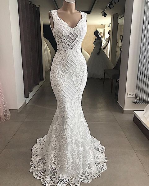 2019 sheer lace appliqued back mermaid wedding dress luxury sheath sweep train beach bohemian plus size bridal gown, White
2019 sheer lace appliqued back mermaid wedding dress luxury sheath sweep train beach bohemian plus size bridal gown, White
