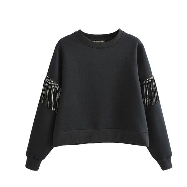 women's early spring 2020 new round neck long sleeve rib decoration layer with color splicing brig tassel hoodies, Black
women's early spring 2020 new round neck long sleeve rib decoration layer with color splicing brig tassel hoodies, Black
