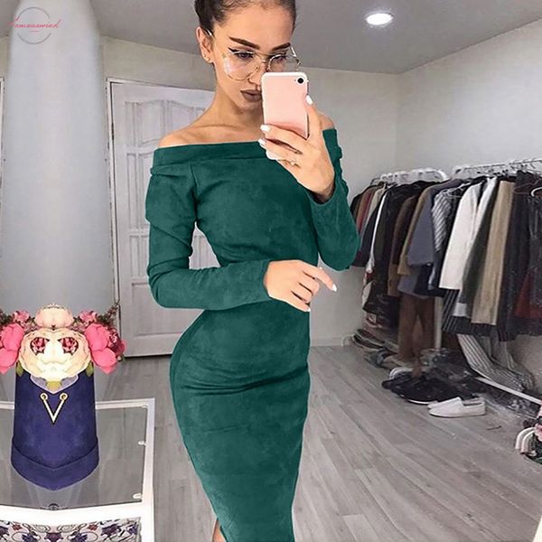 huge suede 2020 spring dress women slash neck long sleeve off sheath column shoulde mid calf dress woman party night, Black;gray
huge suede 2020 spring dress women slash neck long sleeve off sheath column shoulde mid calf dress woman party night, Black;gray