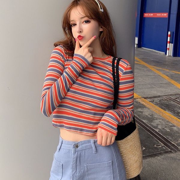 women autumn winter stripes print slim long sleeved round collar slim bottom knit sweater, White;black
women autumn winter stripes print slim long sleeved round collar slim bottom knit sweater, White;black