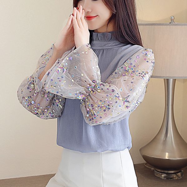 2019 spring new arrival korean style chiffon blouse with sequined flare sleeve blusas de gasa stand collar ing, White
2019 spring new arrival korean style chiffon blouse with sequined flare sleeve blusas de gasa stand collar ing, White