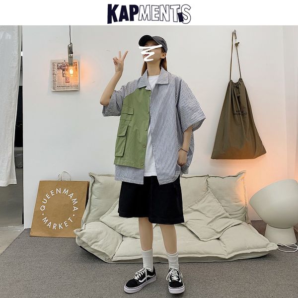kapments men pockets patchwork shirts short sleeve 2020 mens streetwear harajuku korean shirt couple fashions hip hop clothing, White;black 
kapments men pockets patchwork shirts short sleeve 2020 mens streetwear harajuku korean shirt couple fashions hip hop clothing, White;black
