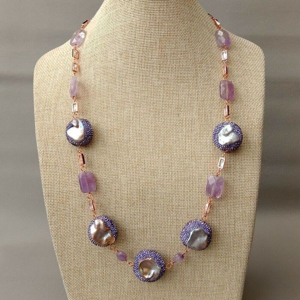 27" purple keshi pearl lavender cz pave a1methyst rose golden chain necklace, Silver
27" purple keshi pearl lavender cz pave a1methyst rose golden chain necklace, Silver