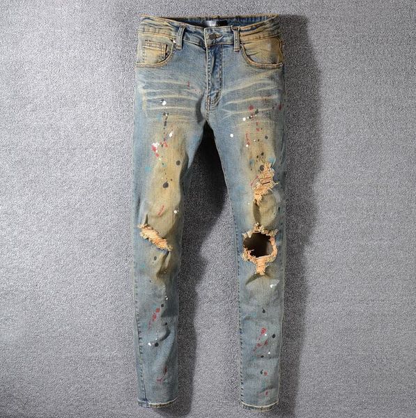mens ripped painted skinny jeans fashion designer distressed slim fit motorcycle biker hole beggar hip hop denim pants 556, Blue
mens ripped painted skinny jeans fashion designer distressed slim fit motorcycle biker hole beggar hip hop denim pants 556, Blue