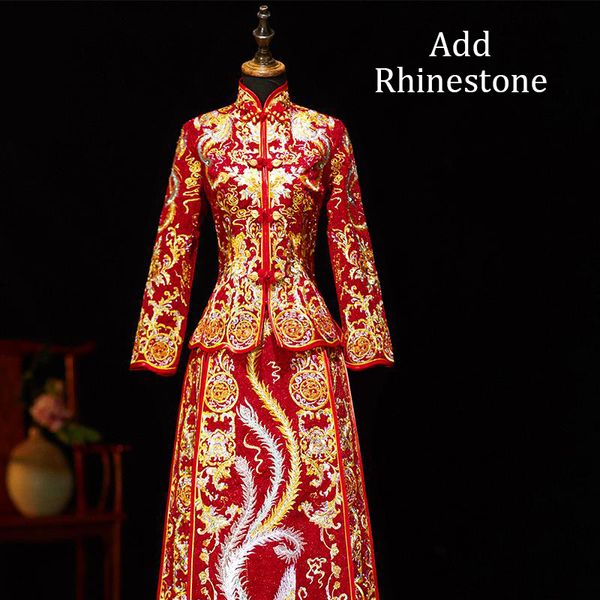 

bride wedding dress add rhinestone cheongsam phoenix women ancient tang clothing handmade qipao beads classic marriage suit, Red