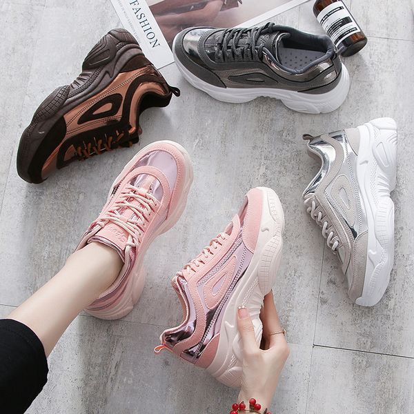 2019 new womens shoes platform stitching bright white womens thick-soled daddy casual shoes fashion trainer, Black