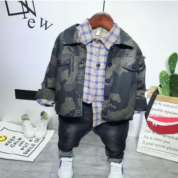 long sleeve set children spring and autumn clothing set camouflage shirt jacket + plaid shirt + jeans 3pcs boys clothing, White
long sleeve set children spring and autumn clothing set camouflage shirt jacket + plaid shirt + jeans 3pcs boys clothing, White