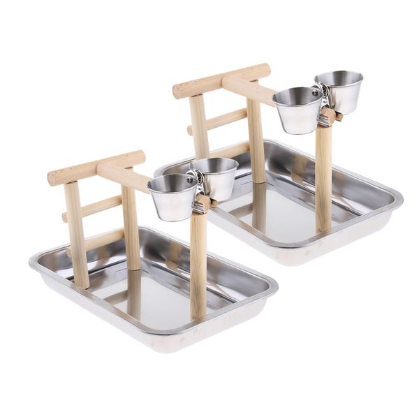 2pcs stainless steel parrot stand rack perch bird play activity toy w/ 2 cups 
2pcs stainless steel parrot stand rack perch bird play activity toy w/ 2 cups