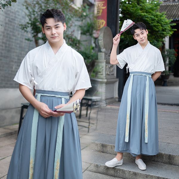 improved chinese-style chinese clothing embroidered men's cross collar shirt thin antique style jacket skirt students grad, Black;red
improved chinese-style chinese clothing embroidered men's cross collar shirt thin antique style jacket skirt students grad, Black;red