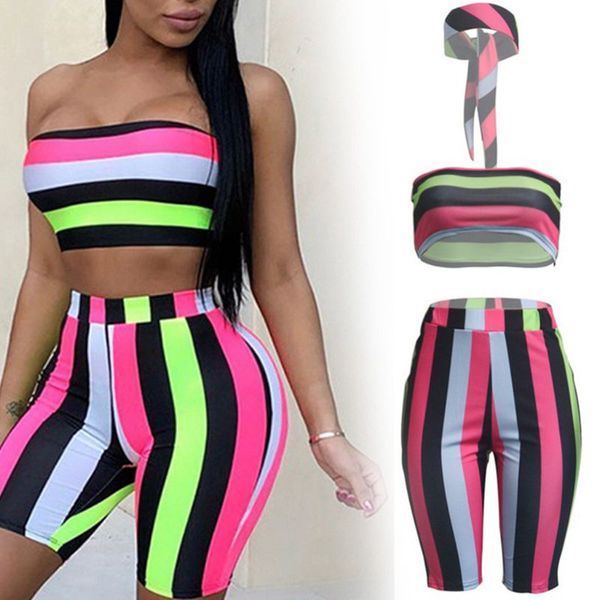 women 2 piece sport outfit strapless tube biker shorts leggings contrast colored stripes print tracksuit with headband, Black;blue
women 2 piece sport outfit strapless tube biker shorts leggings contrast colored stripes print tracksuit with headband, Black;blue