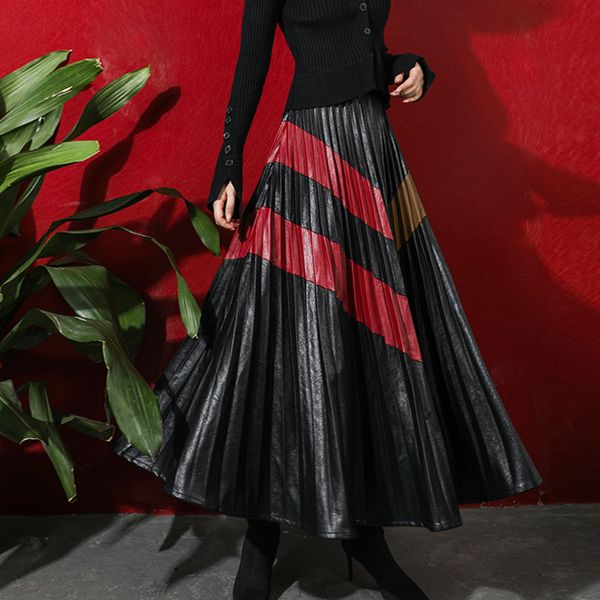 lanmrem 2019 autumn and winter new fashion high waist slim color matching pleated half-length leather skirt women pb179, Black
lanmrem 2019 autumn and winter new fashion high waist slim color matching pleated half-length leather skirt women pb179, Black