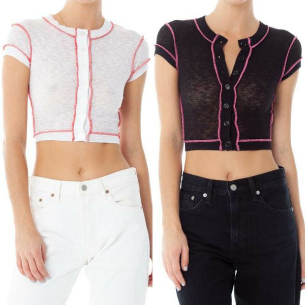 women summer beach short sleeve blouse t-shirt slim button knitted crop tank top, White
women summer beach short sleeve blouse t-shirt slim button knitted crop tank top, White