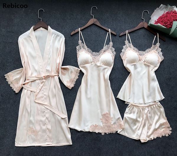4 pieces women pajamas sets satin sleepwear silk nightwear pyjama spaghetti strap sleep lounge pijama with chest pads, Blue;gray
4 pieces women pajamas sets satin sleepwear silk nightwear pyjama spaghetti strap sleep lounge pijama with chest pads, Blue;gray