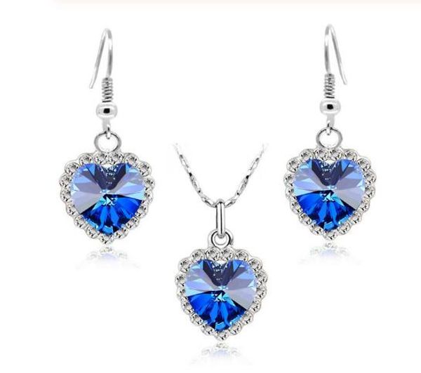 fashion jewelry heart of the sea austrian crystal necklace earrings jewelry sets, Silver
