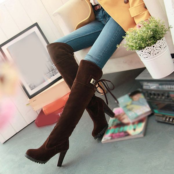 women's suede leather over the knee long boots slim spring/autumn square high heels back lace up plush shoe plus size 35-43, Black
women's suede leather over the knee long boots slim spring/autumn square high heels back lace up plush shoe plus size 35-43, Black