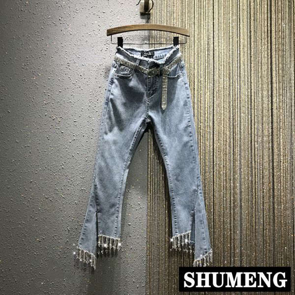 rhinestone tassel chain jeans pants 2019 summer new women's high waist split slim stretch denim pants flare trousers, Blue
rhinestone tassel chain jeans pants 2019 summer new women's high waist split slim stretch denim pants flare trousers, Blue