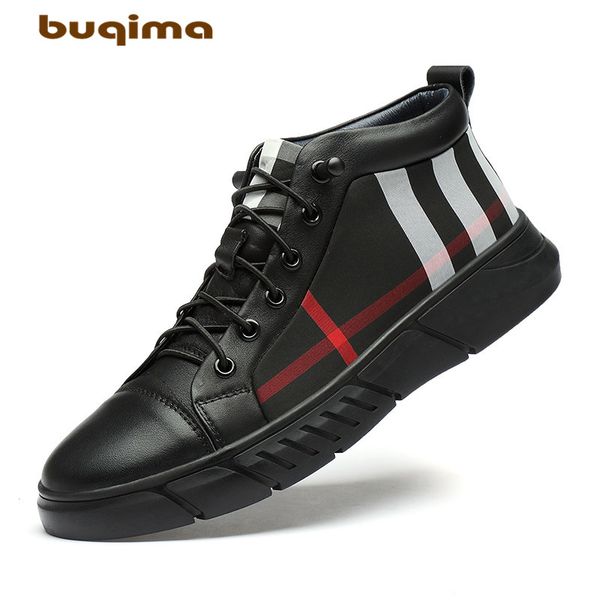 buqima men's zhongbang leather shoes single shoes + plus velvet flat with foot fashion new, Black