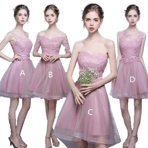blush pink lace tulle short bridesmaid dresses lace up 2019 knee length wedding guest dresses mixed neckline, White;pink
blush pink lace tulle short bridesmaid dresses lace up 2019 knee length wedding guest dresses mixed neckline, White;pink