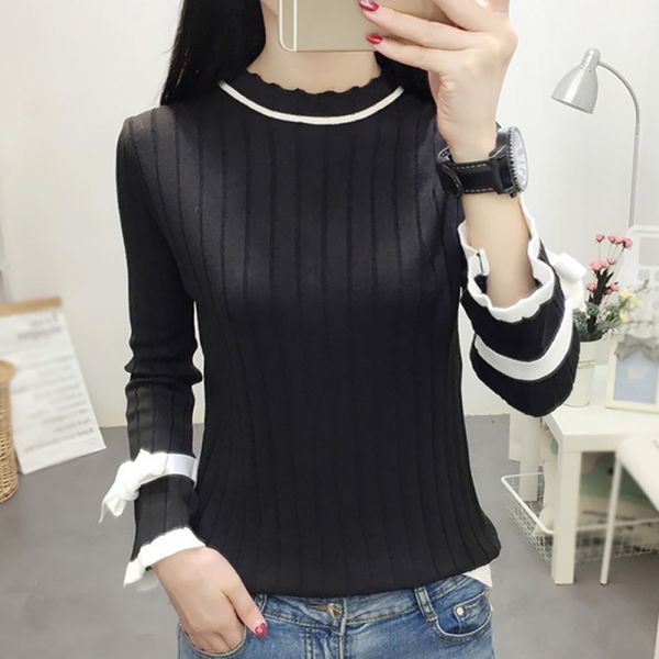 women autumn casual o neck pullovers female patchwork sweaters vintage wooden ear bow flare long sleeve sweater, White;black
women autumn casual o neck pullovers female patchwork sweaters vintage wooden ear bow flare long sleeve sweater, White;black